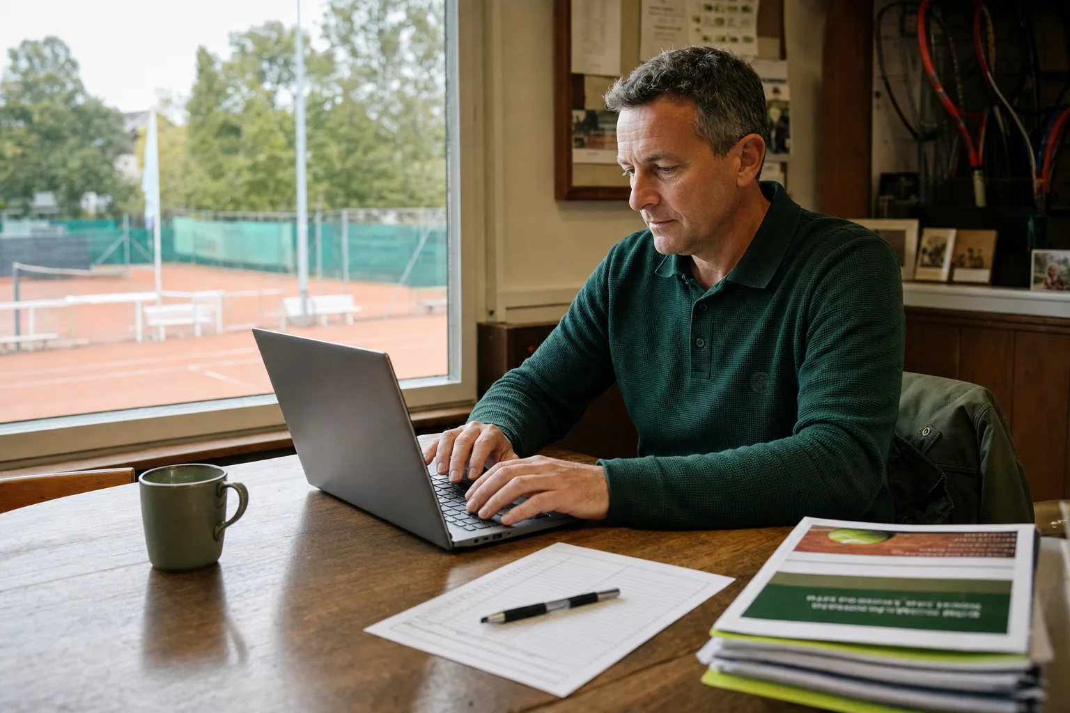 Ehrenamtlicher Clubadministrator arbeitet im Tennisclub am Laptop